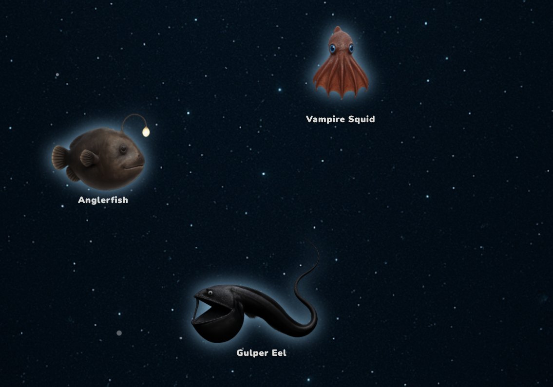 Kidspedia Journey to the Deep: an underwater scene where kids swim from sunlit waters down to the dark trench, tapping sea creatures to meet them