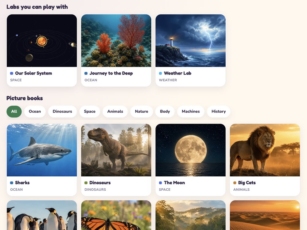Kidspedia shelf showing topic books sorted the way kids ask: sharks, dinosaurs, space, weather
