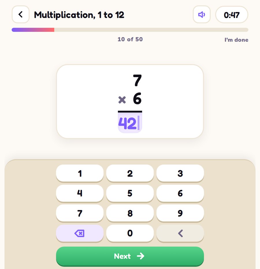 Minute Math: a timed multiplication facts sheet on screen with a big friendly number keypad