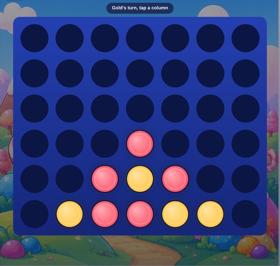 Connect Four on one tablet: two players drop colored discs taking turns, red vs. gold