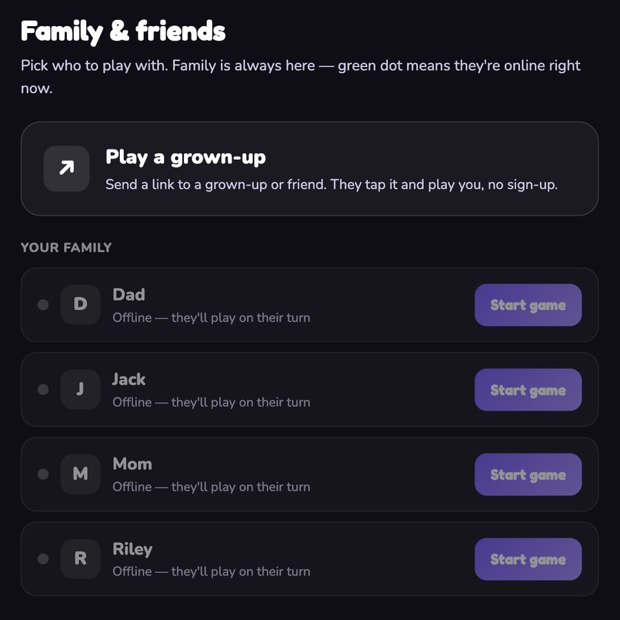 Family multiplayer lobby showing a parent, a child, and grandma all joined in the same online game