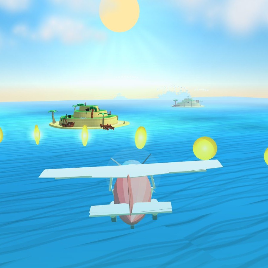 Sky Flyer: a paper plane soaring through bright blue sky with puffy clouds and green islands below