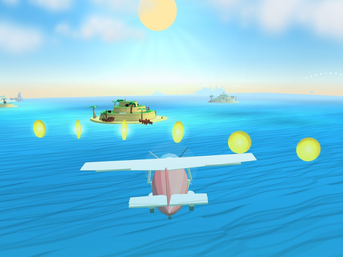 Sky Flyer gameplay: Riley's colorful plane soaring over green islands collecting stars