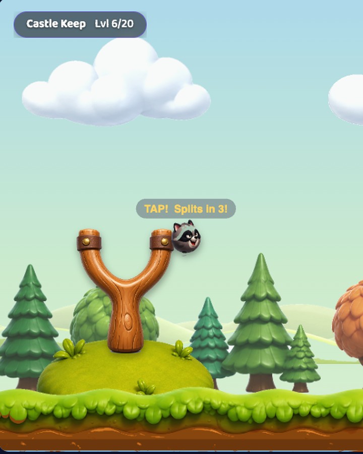 A phone screen showing Sling Squad: pull back the slingshot to launch a raccoon at wobbly towers