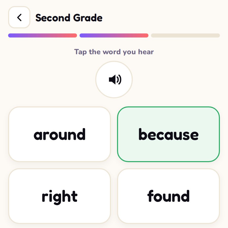 Sight words game: large colorful words on screen, read aloud so kids hear and tap the right one