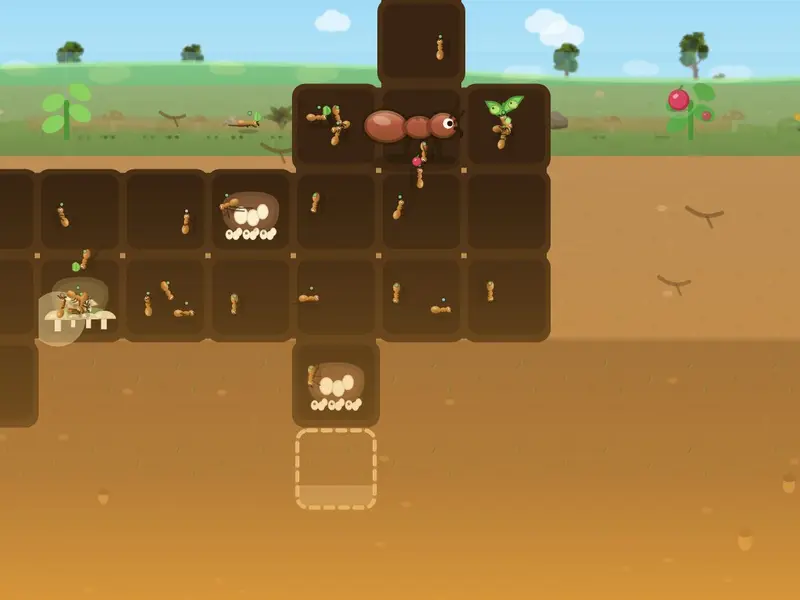 Ant City with real illustrated art, leafy background and detailed ant sprites