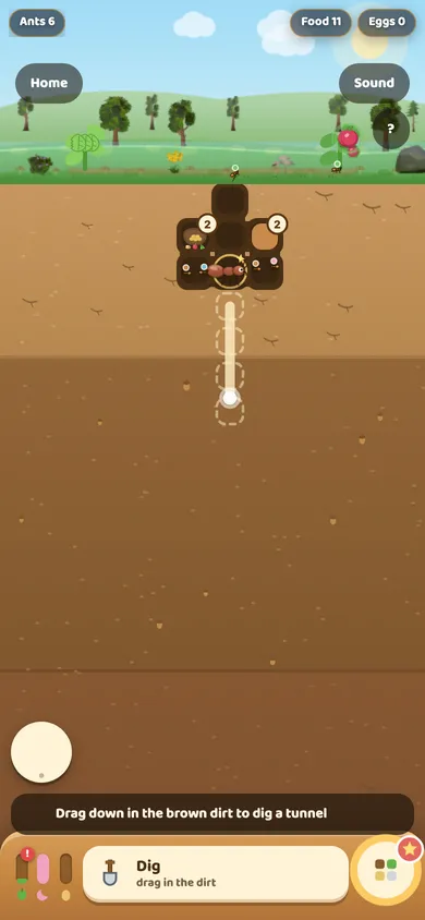 Ant City playing on a phone with counters, toolbar and tunnels all visible