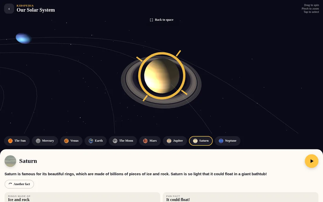 Tap Saturn and the camera flies in, with facts read aloud