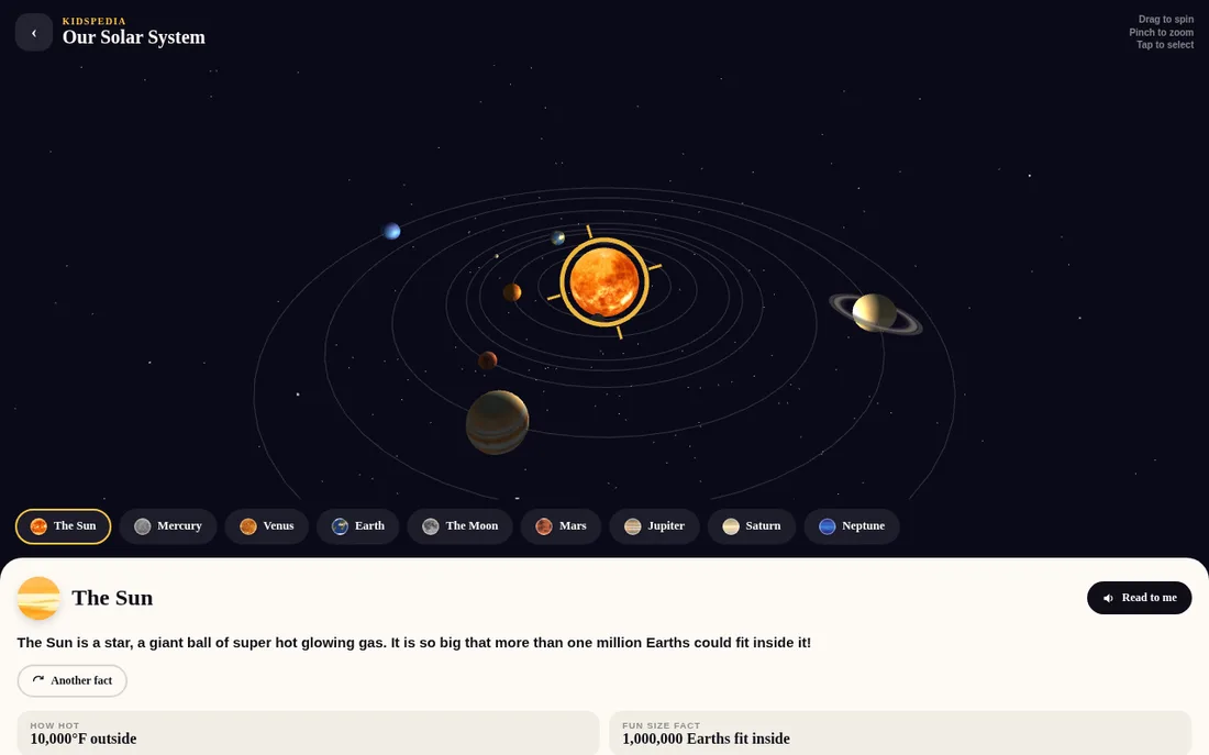 Kidspedia: Our Solar System, a 3D exhibit kids spin, zoom, and fly through